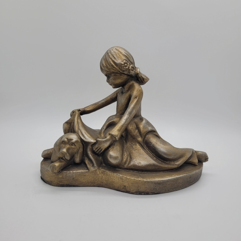 Bronze Tone Girl and Dog Figurine Vintage Style Resin Sculpture Decor